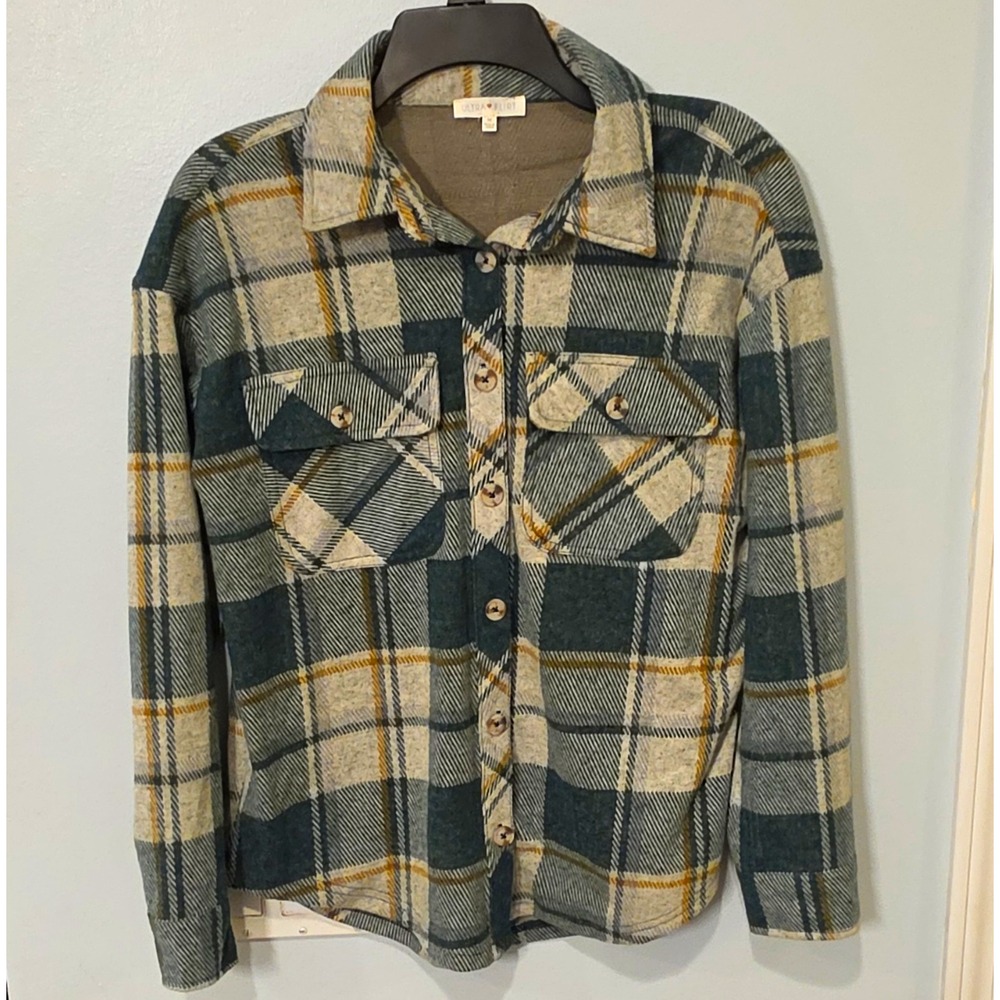 Ultra Flirt Green Beige Gray Yellow Plaid Knit Collared Button-Up Shirt M #379